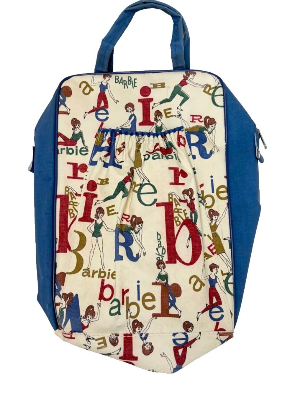RARE 1964 Vintage Barbie Alphabet Print Overnight Tote Bag Blue Canvas Zipper